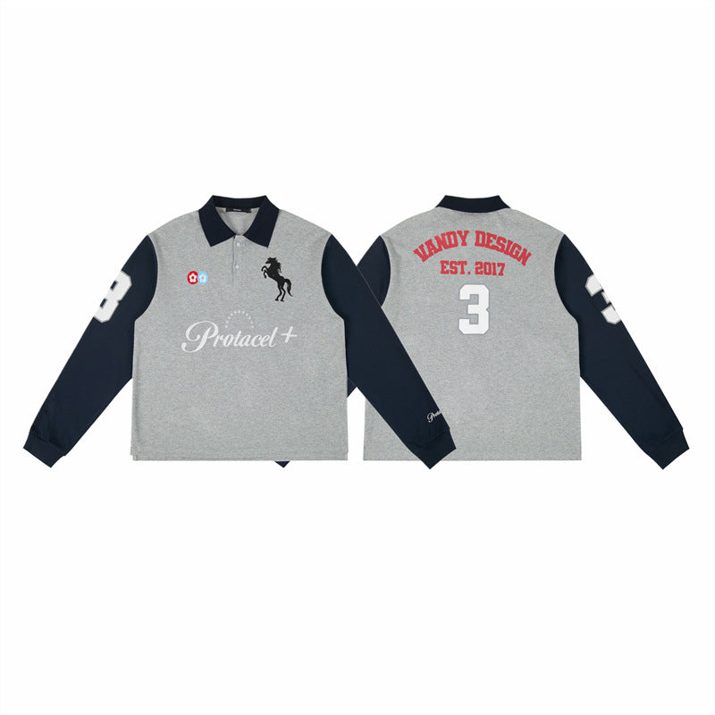 Color-Block Embroidered Polo Shirt Unisex Loose Casual T-Shirt