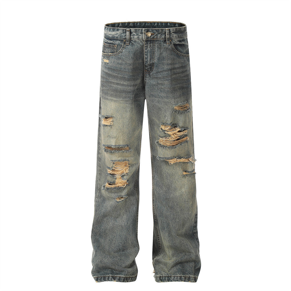 Washed denim straight leg pants with holes