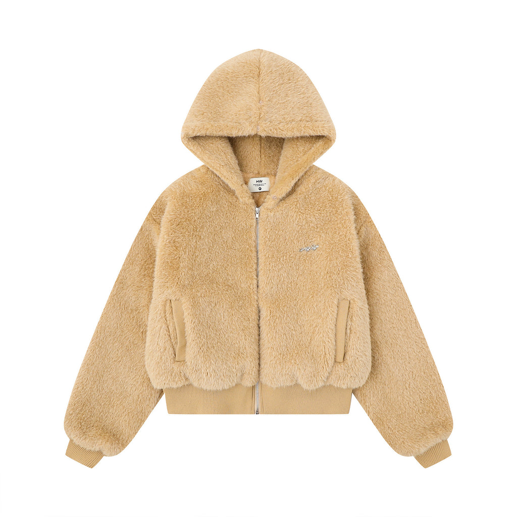 Hairy detachable fur collar warm jacket for women