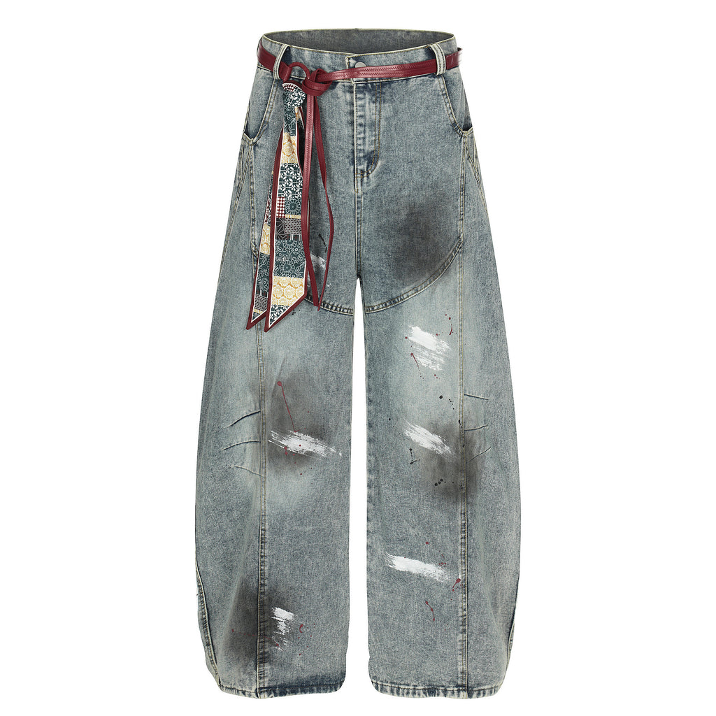 Cat whiskers splashed ink waistband deconstruction curved knife jeans