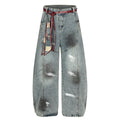 Cat whiskers splashed ink waistband deconstruction curved knife jeans