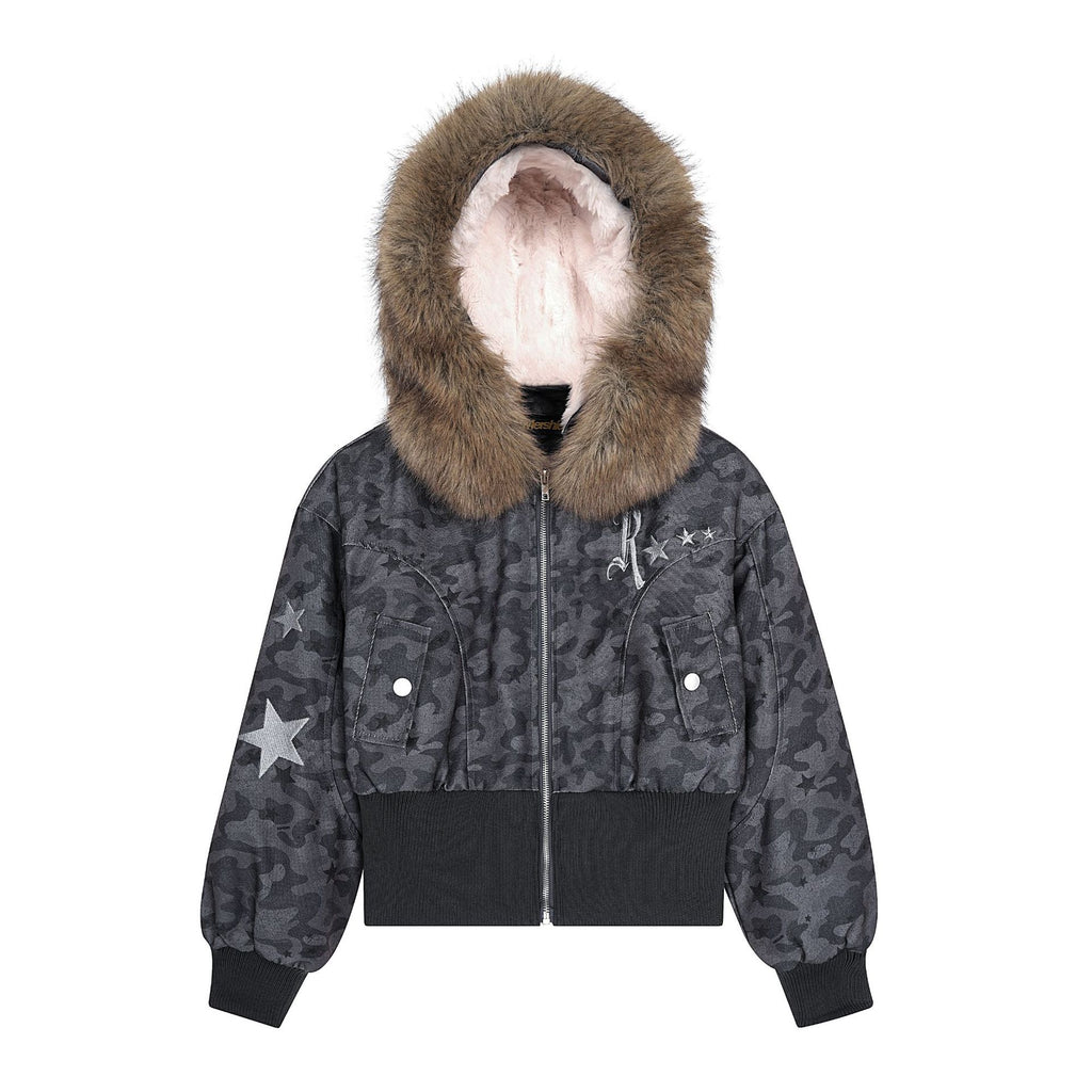 Retro fur collar short cotton jacket for women in winter
