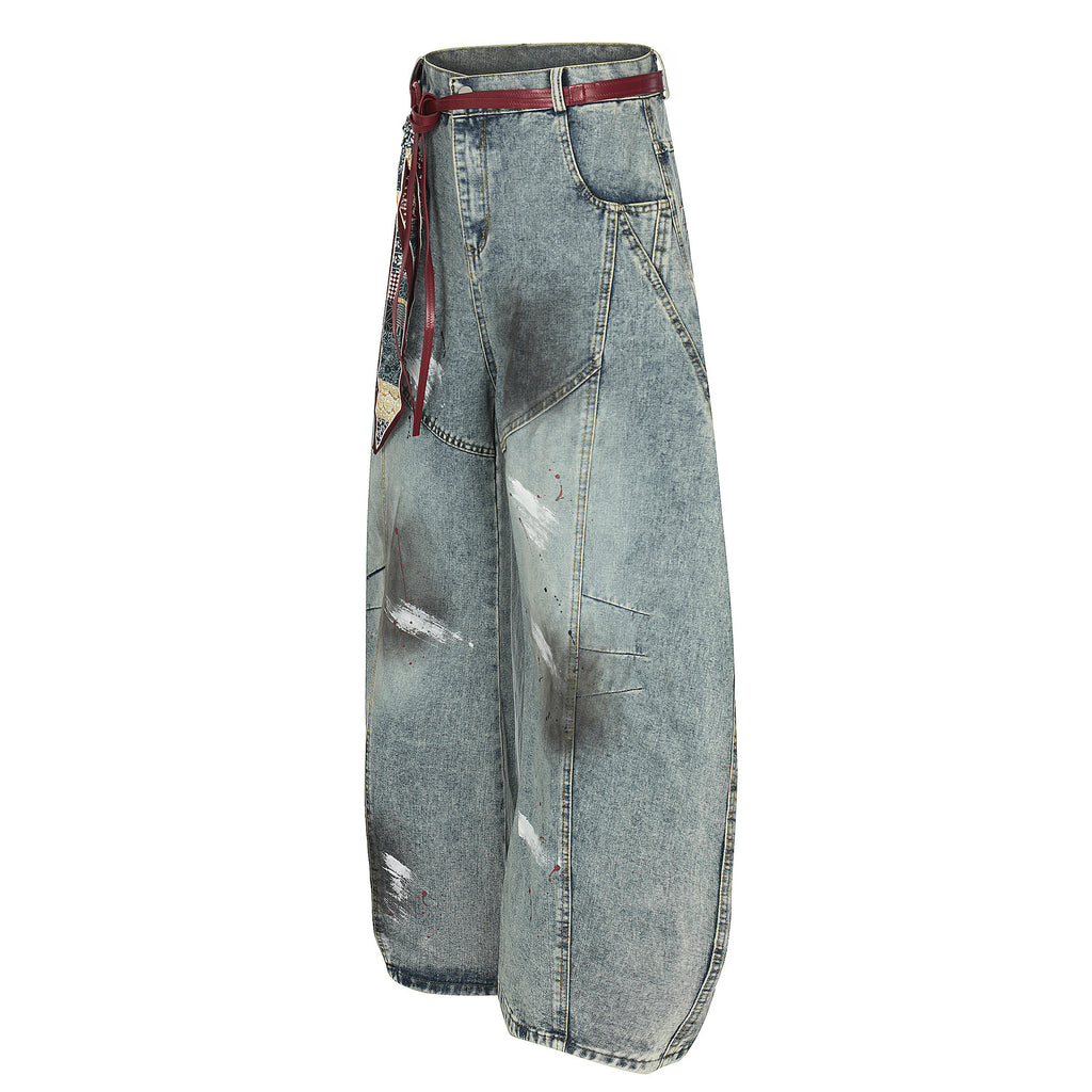 Cat whiskers splashed ink waistband deconstruction curved knife jeans