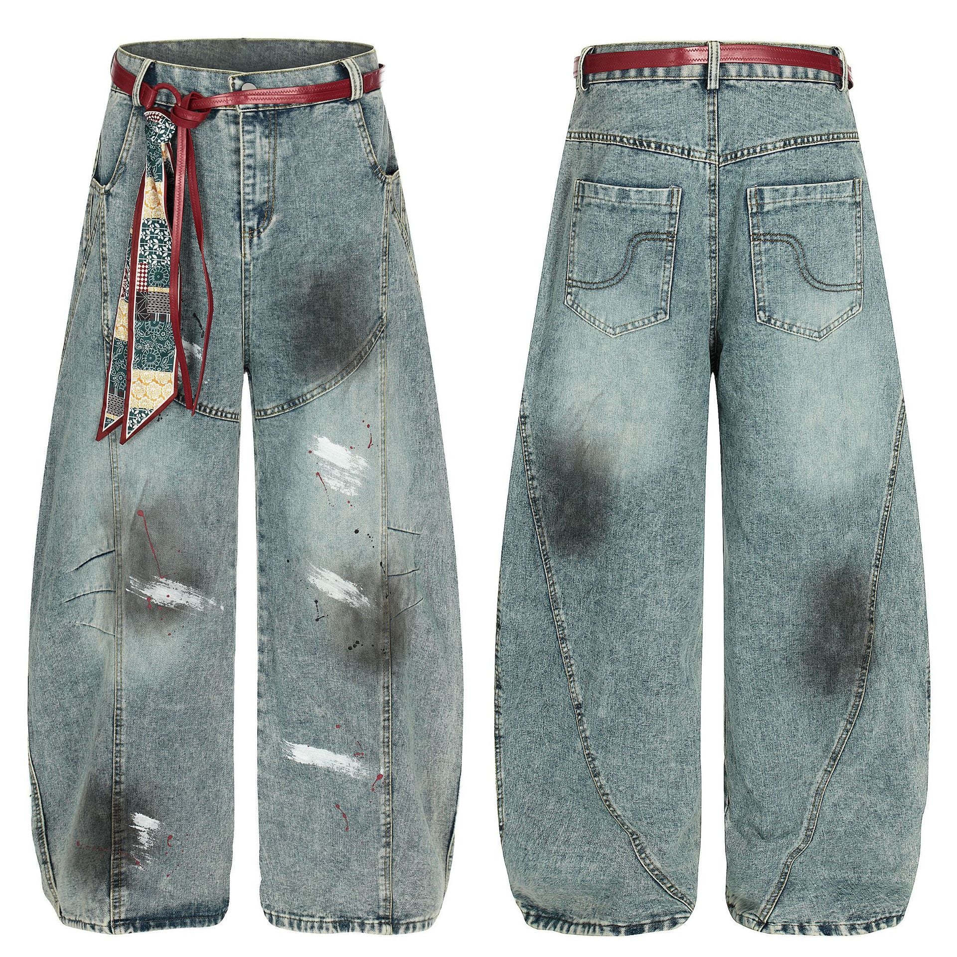 Cat whiskers splashed ink waistband deconstruction curved knife jeans