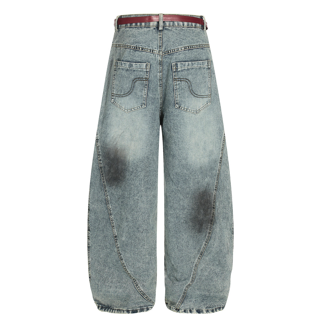 Cat whiskers splashed ink waistband deconstruction curved knife jeans