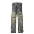 Washed denim straight leg pants with holes