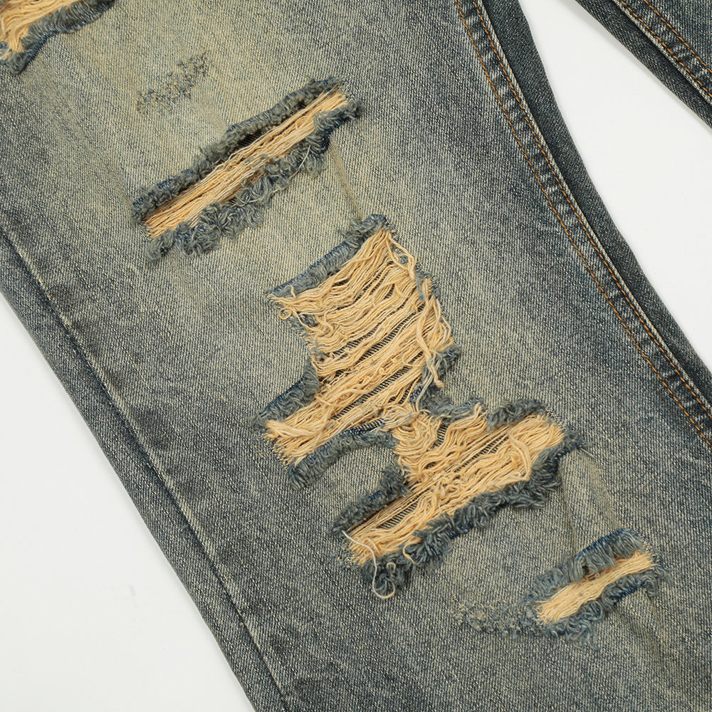 Washed denim straight leg pants with holes