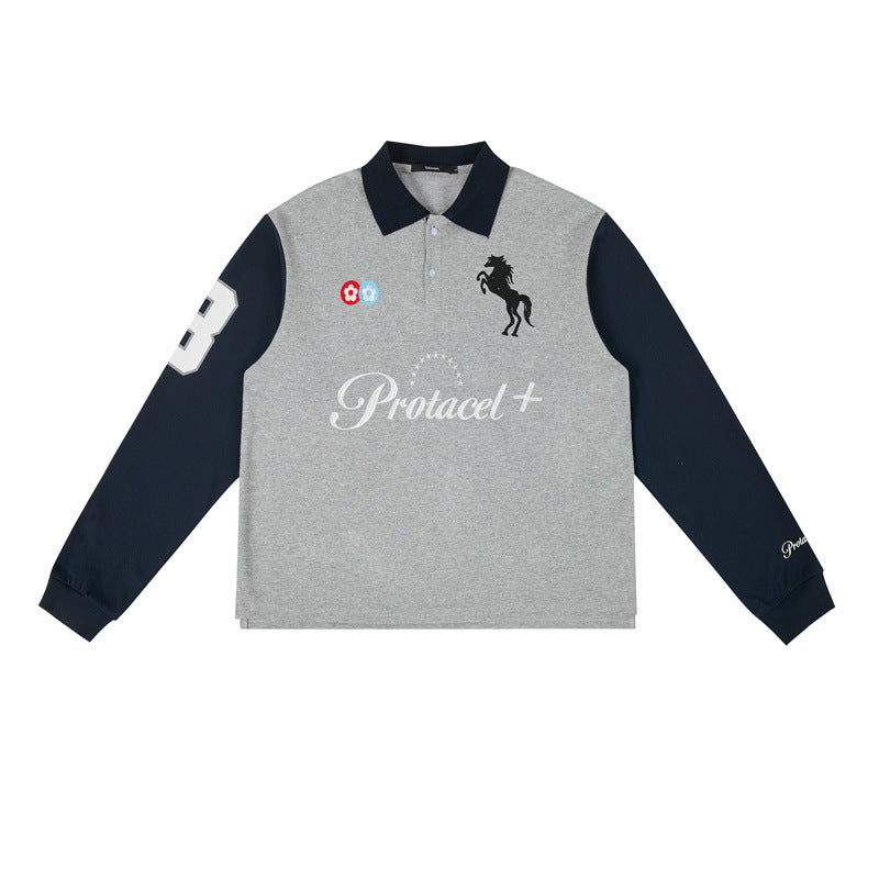 Color-Block Embroidered Polo Shirt Unisex Loose Casual T-Shirt